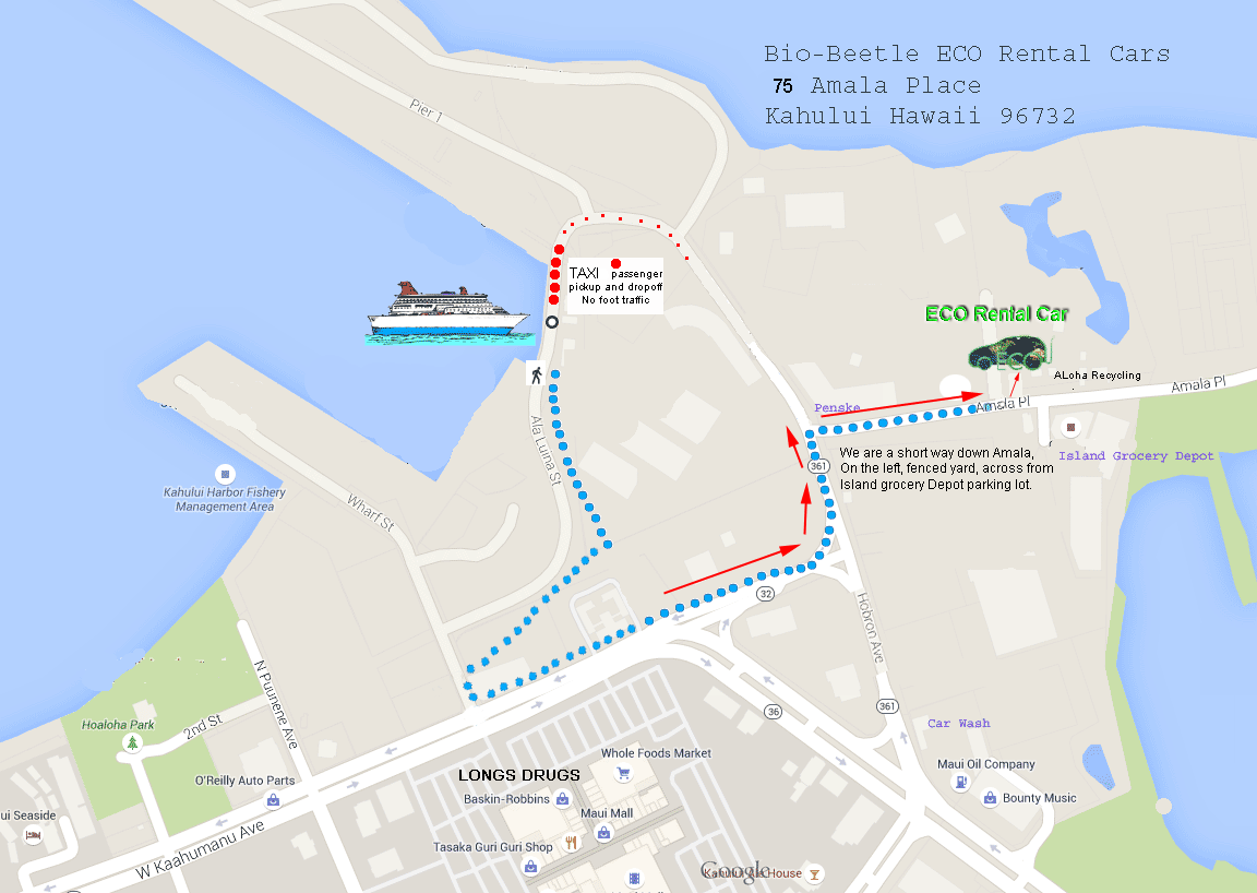 kahului harbor map for cruiseships renting a car from Bio-Beetle